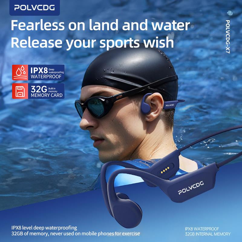 POLVCDG X7 Wireless Bone Conduction Earphones, 10H Play Time, IPX8 Waterproof, 32GB Built-In Memory, Sport Open Earphones with Volume Control, Sport Open Earphones with Volume Control, Sport Open Earphones with Volume Control