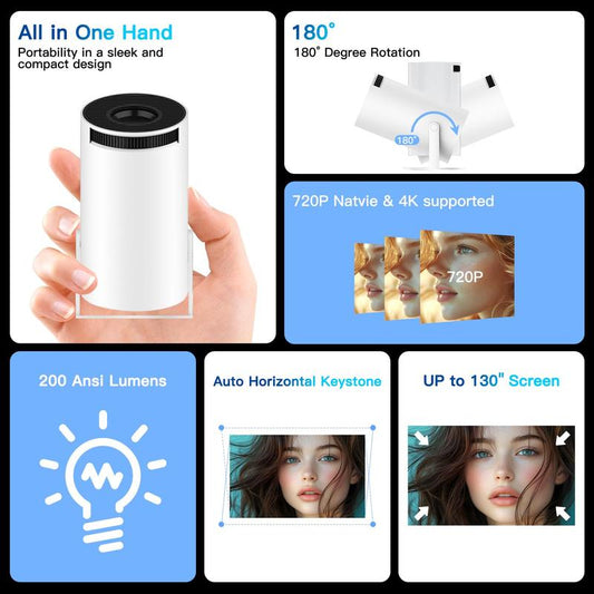 Rockdo Mini Projector, Support 4K 1080P Portable Projector with Dual Band WIFI6 5G Wireless 5.2 Bluetooth Android 11, 180° Rotatable, Auto Keystone Correction,35"-130" Screen Video Projector, the Best Gift