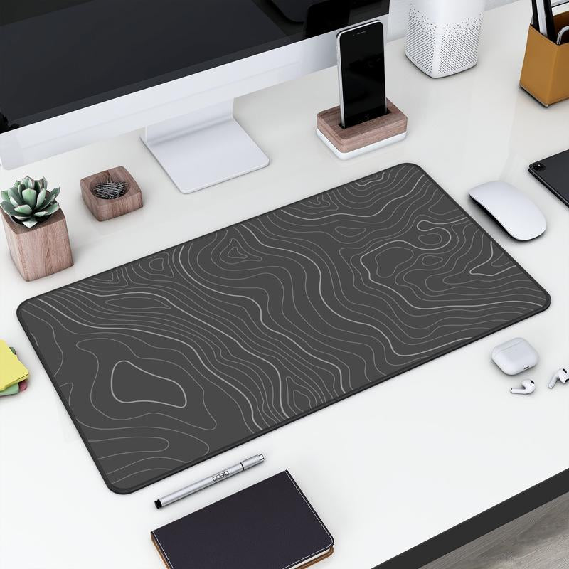 Topographic Map Gray Desk Mat, Large Abstract Desk Mat, Gray Contour Line Design, Modern Office Desk Accessory, Gaming Mouse Pad