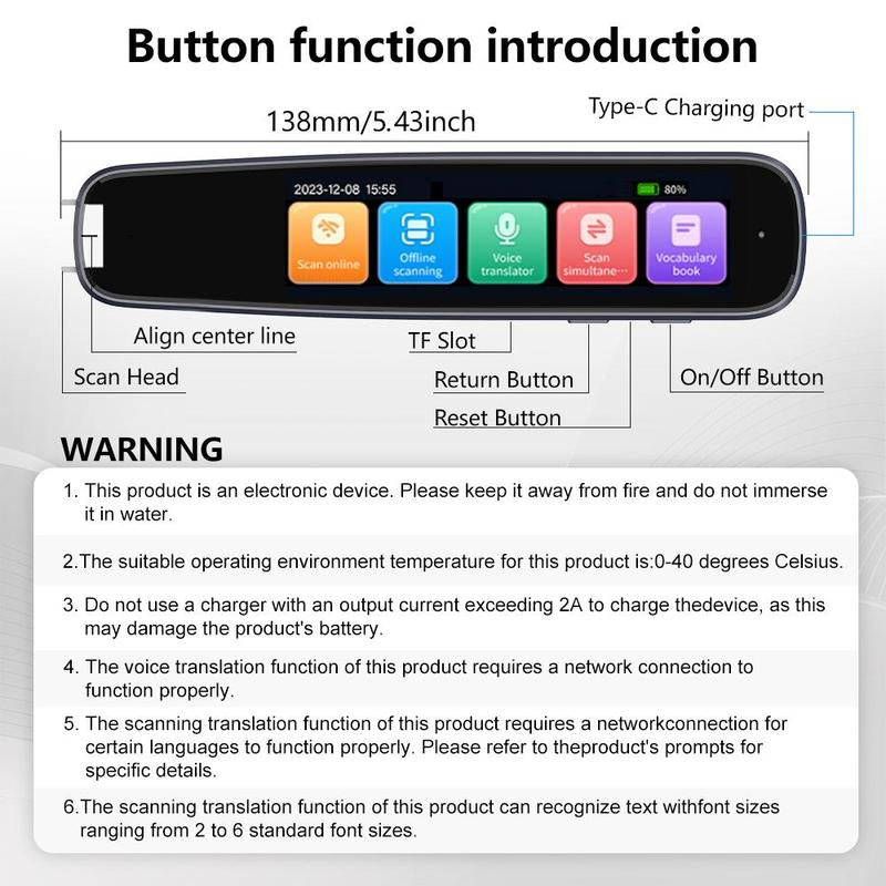 Durability 2.99 Inch HD Digital Display Translation Pen, Multi-Purpose One-Key Translation Pen, Portable Multifunctional Wireless BT Smart Translation Pen for Learning, Office, Travel, Digital Products, Traveling Gadgets