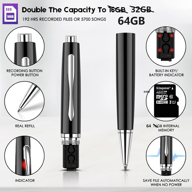 Voice Recorder Pen 64GB: Professional Audio-Voice Activation, Long-Distance Recording, Wav/192Kbps, USB Flash Drive, Refillable Ink, Metal Body, Compact & Durable, Digital Products Tech Gadgets Voice Changer Device