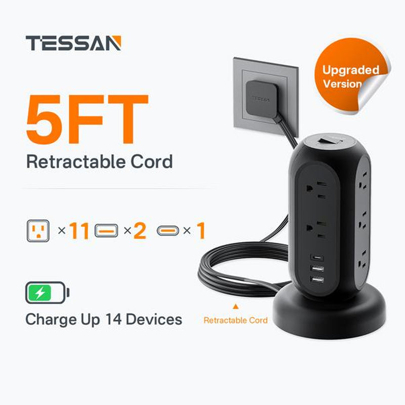 TESSAN Retractable Cord Tower Power Strip Extension Socket with USB C 11 Outlets & 3 USB Ports 1625W Surge Protector Protection for Home Office Dorm Room Essentials