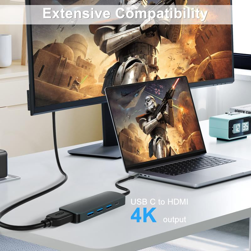 USB C Hub, 5 in 1 Multport Adapter to 4K HDMI, 3 USB 3.0, 100W PD Charging for Macbook Pro Air Dell Lenovo HP Laptops (Grey)