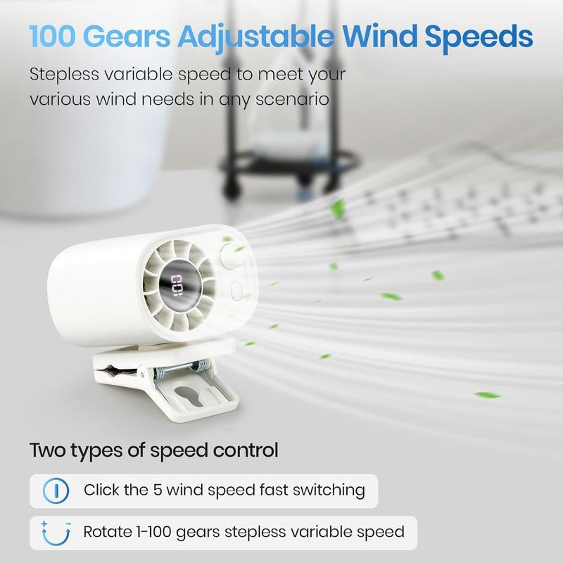 Portable USB Mini Fan Small Clip on Fan ,0-100 Speed Adjustment, Rechargeable Personal with LED Display for Umbrella,Desk,Dorm,Camping,Stroller,Golf,Gym,Beach Travel Outdoors