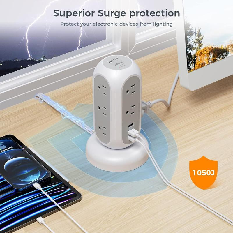 TESSAN Retractable Cord Tower Power Strip Extension Socket with USB C 11 Outlets & 3 USB Ports 1625W Surge Protector Protection for Home Office Dorm Room Essentials
