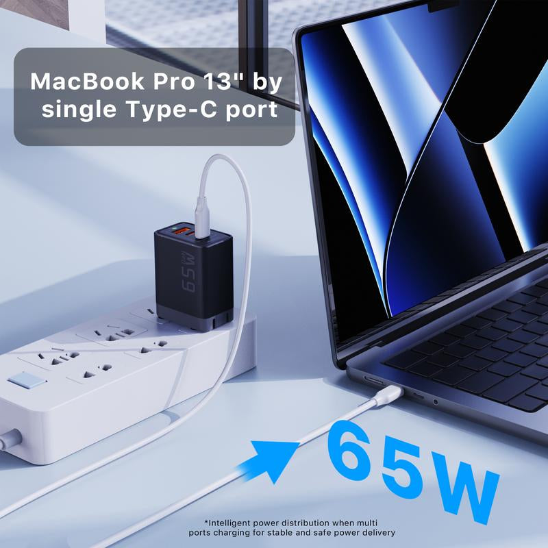3-In-1 Fast Charger, J1611 Gan 65W Charger, 3 Ports Fast Charging Brick, JUOVI Foldable Wall Charger, Compatible with HP Spectre, Macbook Pro/Air, Dell XPS 13, Ipad Pro, Iphone 15/Pro, Galaxy S23, Apple Watch Smartphone Cellphone