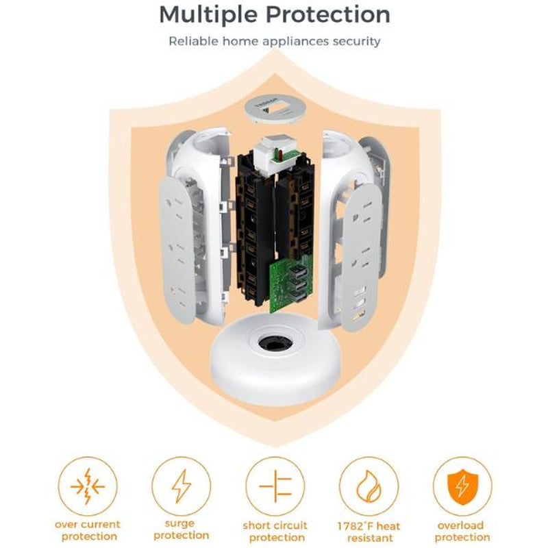TESSAN Retractable Cord Tower Power Strip Extension Socket with USB C 11 Outlets & 3 USB Ports 1625W Surge Protector Protection for Home Office Dorm Room Essentials
