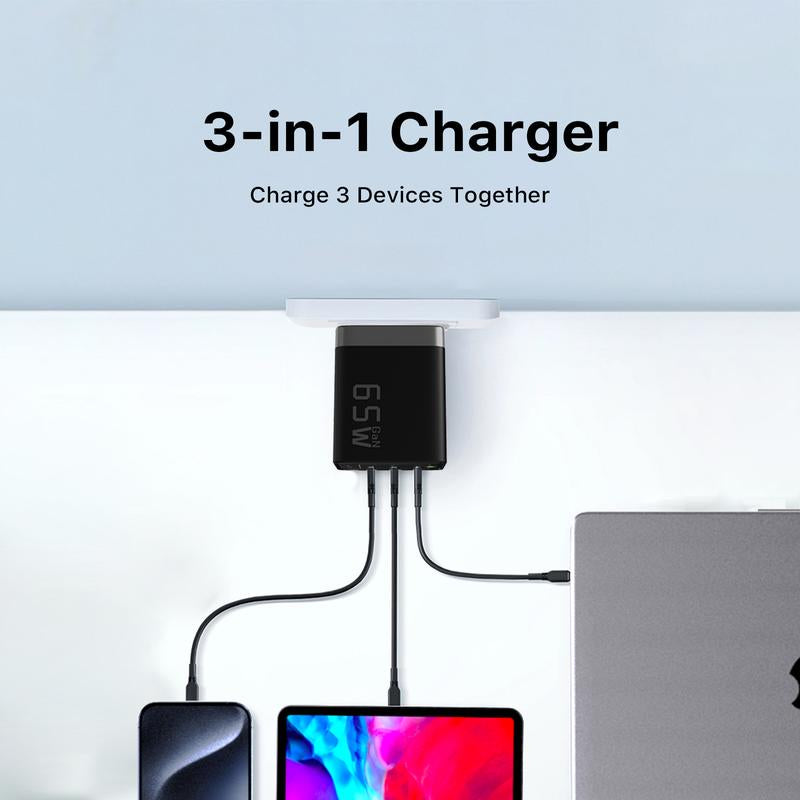 3-In-1 Fast Charger, J1611 Gan 65W Charger, 3 Ports Fast Charging Brick, JUOVI Foldable Wall Charger, Compatible with HP Spectre, Macbook Pro/Air, Dell XPS 13, Ipad Pro, Iphone 15/Pro, Galaxy S23, Apple Watch Smartphone Cellphone