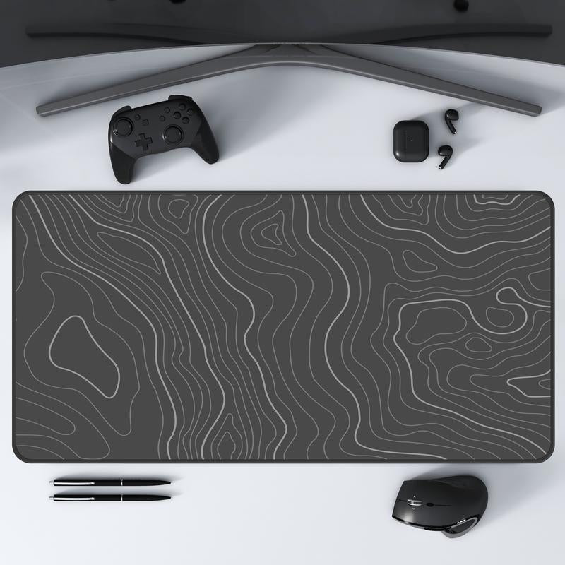 Topographic Map Gray Desk Mat, Large Abstract Desk Mat, Gray Contour Line Design, Modern Office Desk Accessory, Gaming Mouse Pad