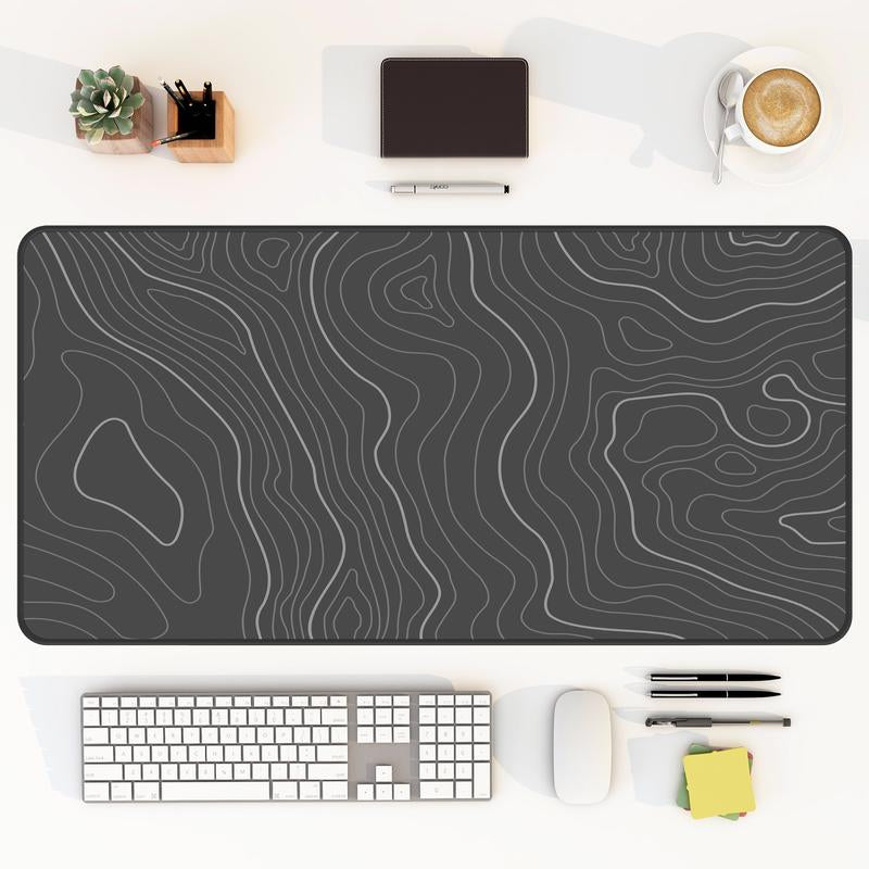 Topographic Map Gray Desk Mat, Large Abstract Desk Mat, Gray Contour Line Design, Modern Office Desk Accessory, Gaming Mouse Pad