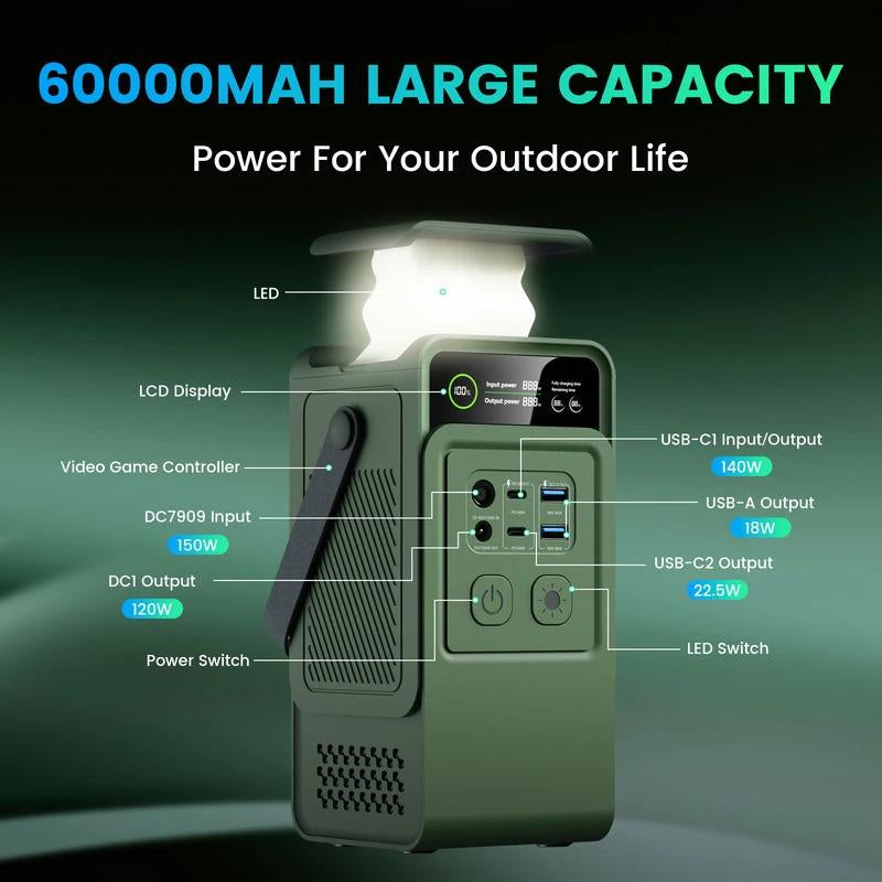 200W Power Station 192Wh Lifepo4 Battery Power Bank 60000Mah Portable Charger Battery for Outdoor Energy Storage Supply Travel Gadgets Lithium