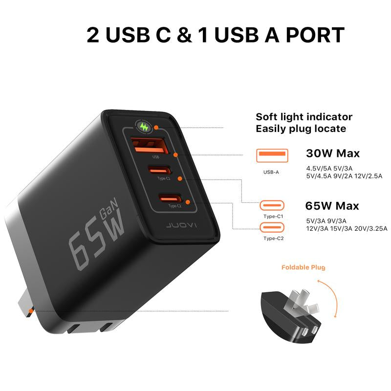 3-In-1 Fast Charger, J1611 Gan 65W Charger, 3 Ports Fast Charging Brick, JUOVI Foldable Wall Charger, Compatible with HP Spectre, Macbook Pro/Air, Dell XPS 13, Ipad Pro, Iphone 15/Pro, Galaxy S23, Apple Watch Smartphone Cellphone