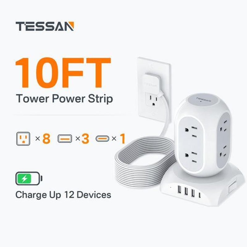 TESSAN Retractable Cord Tower Power Strip Extension Socket with USB C 11 Outlets & 3 USB Ports 1625W Surge Protector Protection for Home Office Dorm Room Essentials