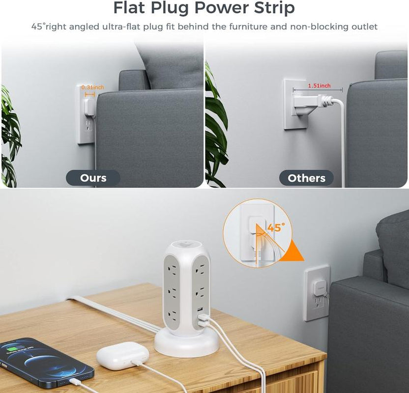 TESSAN Retractable Cord Tower Power Strip Extension Socket with USB C 11 Outlets & 3 USB Ports 1625W Surge Protector Protection for Home Office Dorm Room Essentials