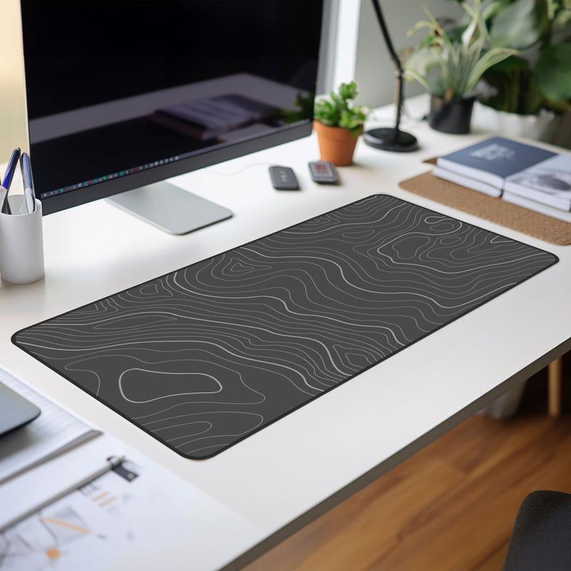Topographic Map Gray Desk Mat, Large Abstract Desk Mat, Gray Contour Line Design, Modern Office Desk Accessory, Gaming Mouse Pad