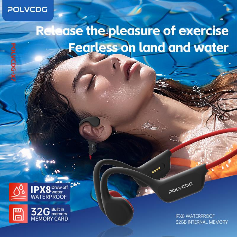 POLVCDG X7 Wireless Bone Conduction Earphones, 10H Play Time, IPX8 Waterproof, 32GB Built-In Memory, Sport Open Earphones with Volume Control, Sport Open Earphones with Volume Control, Sport Open Earphones with Volume Control