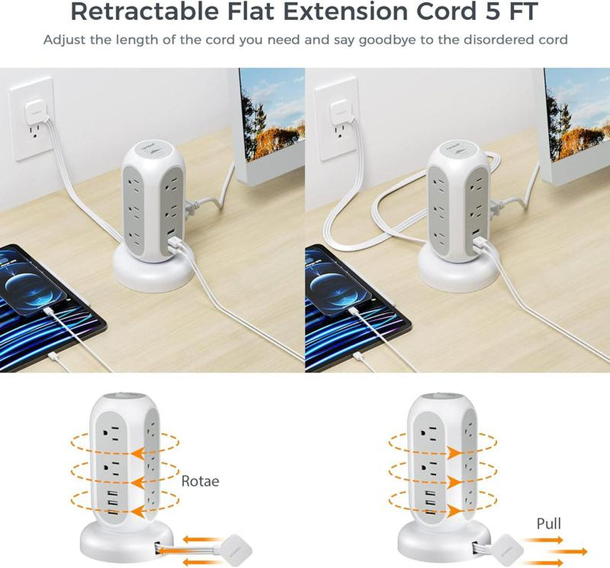 TESSAN Retractable Cord Tower Power Strip Extension Socket with USB C 11 Outlets & 3 USB Ports 1625W Surge Protector Protection for Home Office Dorm Room Essentials