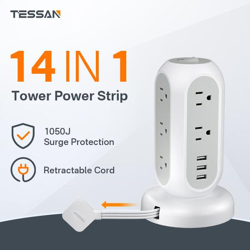 TESSAN Retractable Cord Tower Power Strip Extension Socket with USB C 11 Outlets & 3 USB Ports 1625W Surge Protector Protection for Home Office Dorm Room Essentials