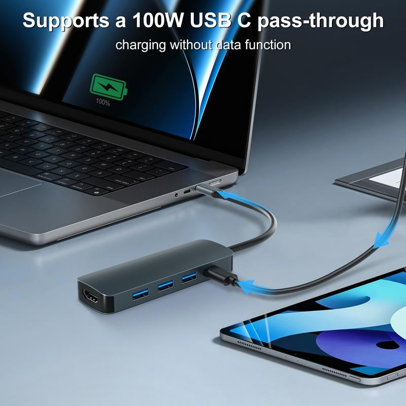 USB C Hub, 5 in 1 Multport Adapter to 4K HDMI, 3 USB 3.0, 100W PD Charging for Macbook Pro Air Dell Lenovo HP Laptops (Grey)