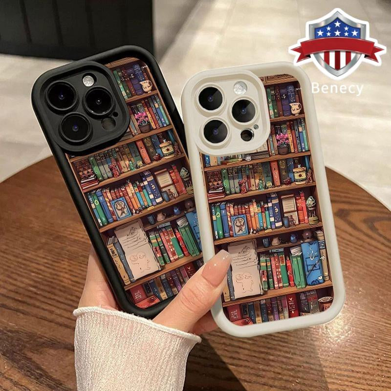 Cartoon Bookshelf Pattern TPU Phone Case for Iphone 17 Pro Max 16 15 14 plus 13 12 11 Air XR X XS plus Shockproof Non Slip Military-Grade Protective Silicone Cover