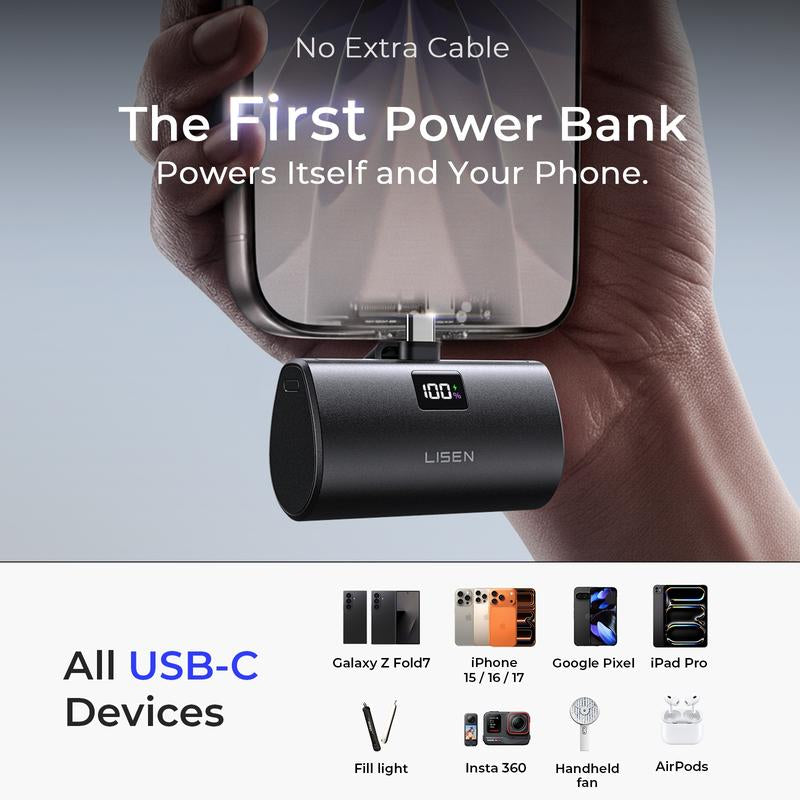 LISEN 7000mAh Portable Charger – USB-C Mini Power Bank for iPhone & Apple Watch, Travel-Friendly with Digital Display