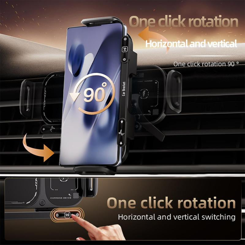 15W Wireless Fast-Charging Car Phone Mount for Foldable & Regular Smartphones, Super Stable Car Air Vent Phone Mount with Hook & Clip，One-Button 90° Rotation，One-Button Automatic Clamping，Compatible with Iphone, Samsung, Google and Other Smartphones