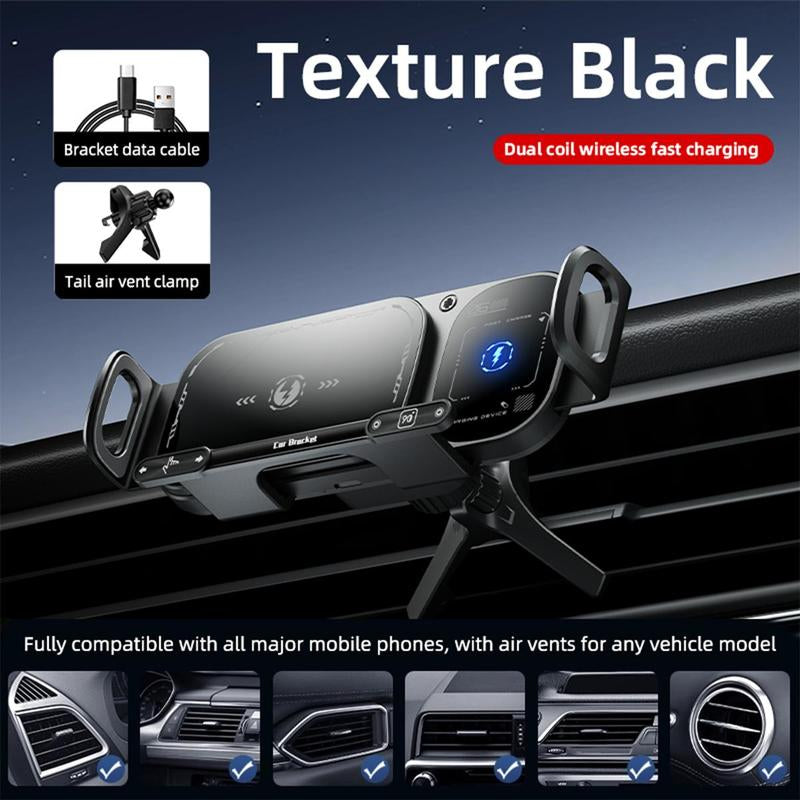 15W Wireless Fast-Charging Car Phone Mount for Foldable & Regular Smartphones, Super Stable Car Air Vent Phone Mount with Hook & Clip，One-Button 90° Rotation，One-Button Automatic Clamping，Compatible with Iphone, Samsung, Google and Other Smartphones