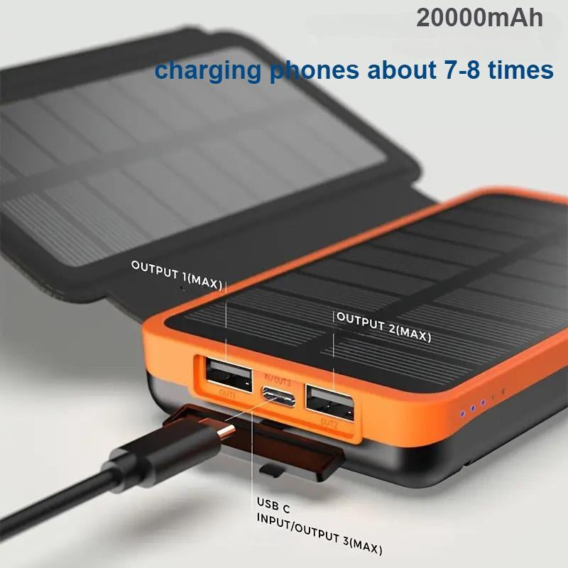 Solar Powered Power Bank, Portable Solar Phone Charger with Foldable Solar Panels, 20000Mah High Capacity Solar Power Bank for Smart Phones, Tablets