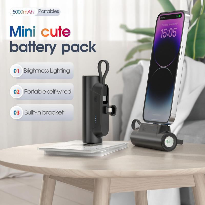 Portable Power Bank, 1 Count 5000Mah Mini Power Bank with Built-In USB-C Cable & Phone Holder, Fast Charging Power Bank for Iphone Samsung Android, Charger Connector, Battery Rechargeable, Electronics Accessories