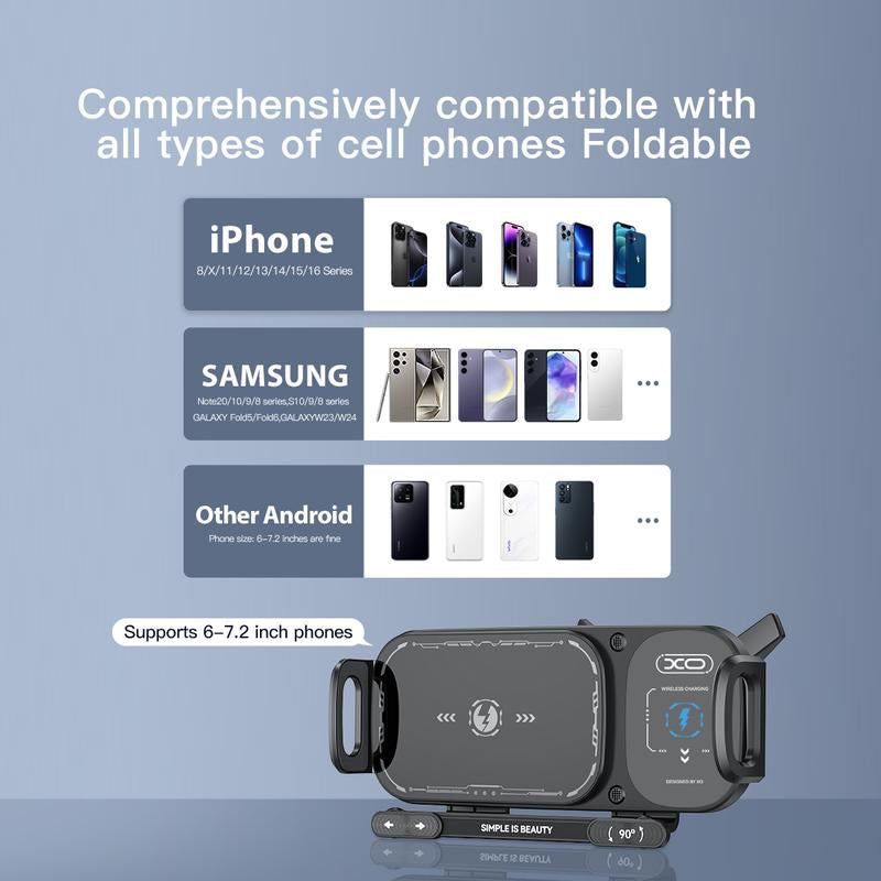 15W Wireless Fast-Charging Car Phone Mount for Foldable & Regular Smartphones, Super Stable Car Air Vent Phone Mount with Hook & Clip，One-Button 90° Rotation，One-Button Automatic Clamping，Compatible with Iphone, Samsung, Google and Other Smartphones