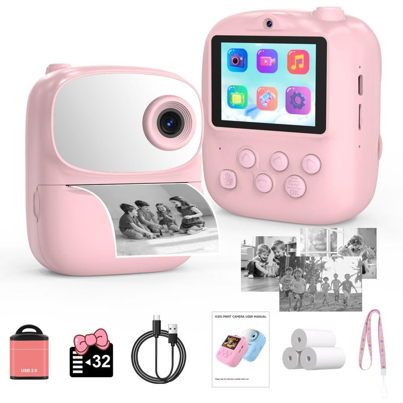 Kids Instant Print Camera (With 3 Rolls of Paper), 2.4" LCD Screen, Rechargeable 1080P Pocket Camera, 12MP Photos, Thermal Paper Printing (No Ink Needed), Birthday Gift for Boys & Girls, Portable Lens Camera, Mini Photography Kit, Tech Toy Pink