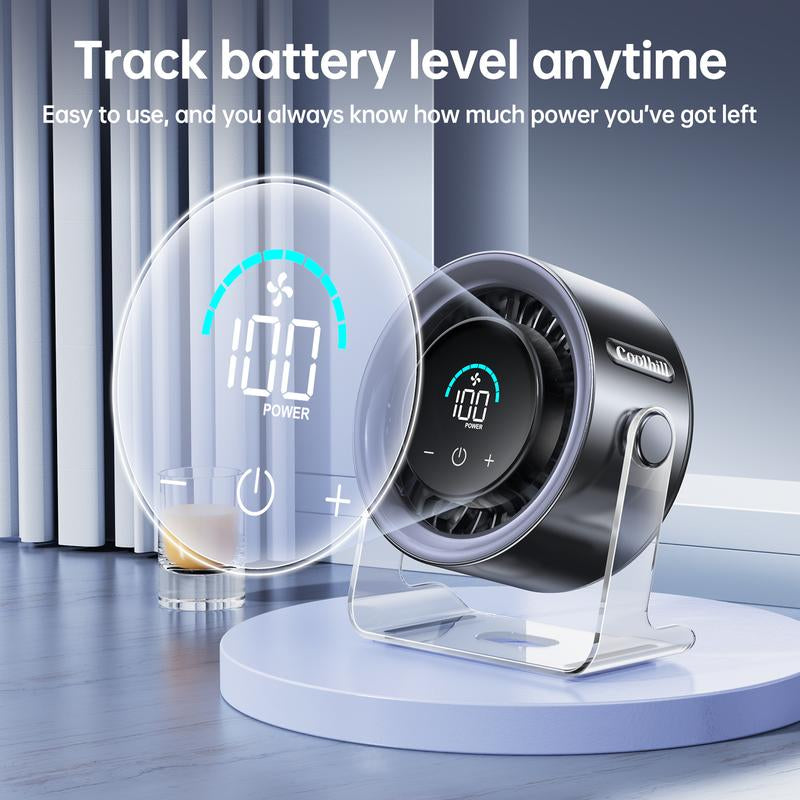 Coolhill Desktop Fan Turbo Table Fan for Office 100-Speed Digital Display Low Noise Rechargeable Battery Dual Adjustment Modes