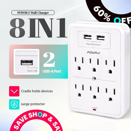 POWRUI Surge Protector USB Wall Charger with 2 USB Charging Ports (Smart 2.4A Total), 6-Outlet Extender & Top Phone Holder for Cell Phone Fathersdaygift