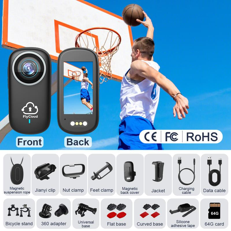 Flycloud One 4K Mini Camera for Waterproof, Anti-Shake, 3-4 Hours of Battery Life, Suitable for Pet, Travel, Adventure, and Meeting and Daily Recording