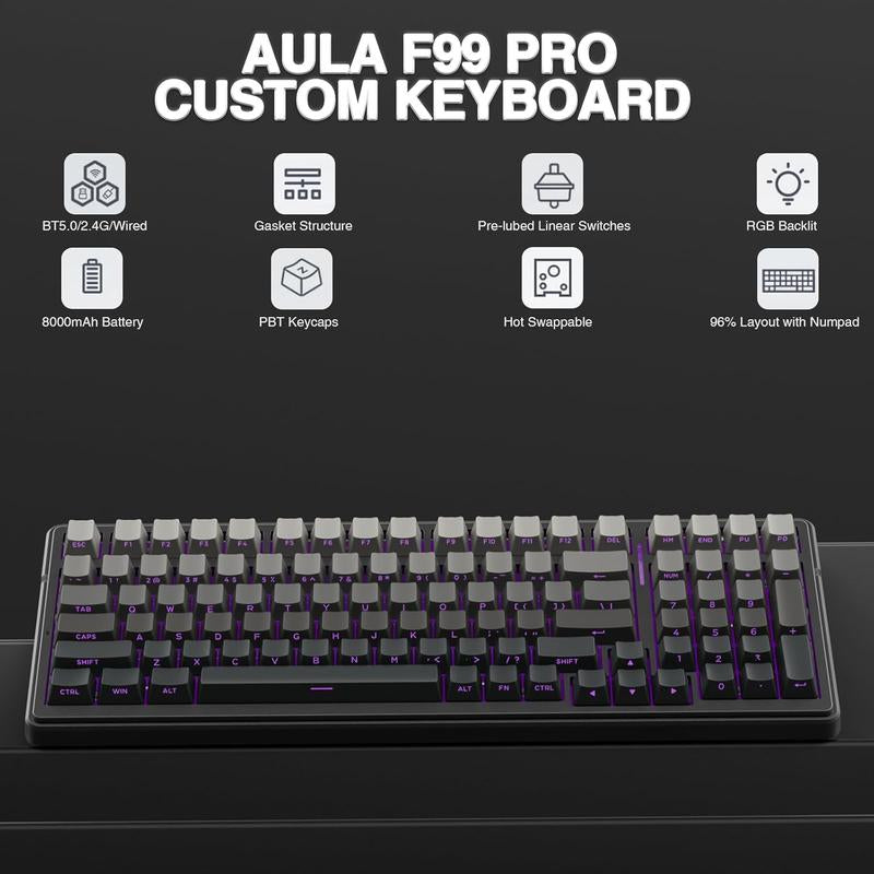 AULA F99 Pro Wireless Mechanical Keyboard with Knob,Tri-Mode Bt5.0/Usb-C/2.4Ghz Hot Swappable Keyboard,Pre-Lubed Switches,Gasket Structure,Rgb Backlit Computer Gaming Keyboard (White&Blue&Purple)