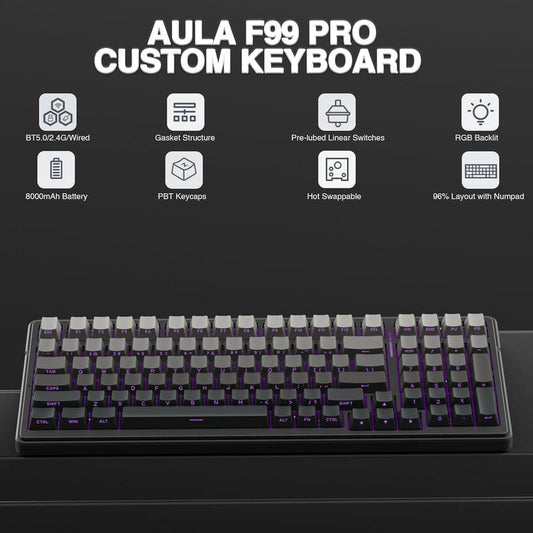 AULA F99 Pro Wireless Mechanical Keyboard with Knob,Tri-Mode Bt5.0/Usb-C/2.4Ghz Hot Swappable Keyboard,Pre-Lubed Switches,Gasket Structure,Rgb Backlit Computer Gaming Keyboard (White&Blue&Purple)