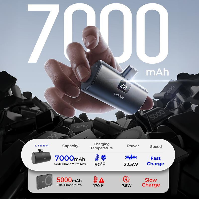LISEN 7000mAh Portable Charger – USB-C Mini Power Bank for iPhone & Apple Watch, Travel-Friendly with Digital Display