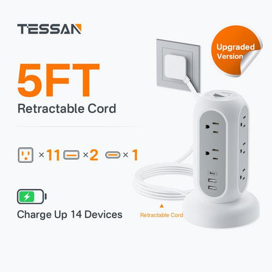 TESSAN Retractable Cord Tower Power Strip Extension Socket with USB C 11 Outlets & 3 USB Ports 1625W Surge Protector Protection for Home Office Dorm Room Essentials
