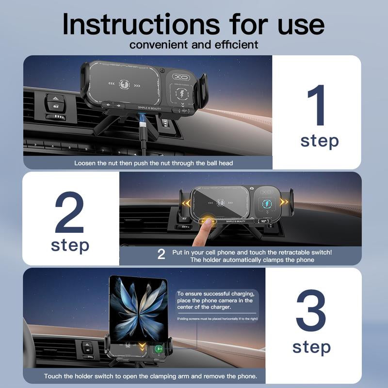 15W Wireless Fast-Charging Car Phone Mount for Foldable & Regular Smartphones, Super Stable Car Air Vent Phone Mount with Hook & Clip，One-Button 90° Rotation，One-Button Automatic Clamping，Compatible with Iphone, Samsung, Google and Other Smartphones