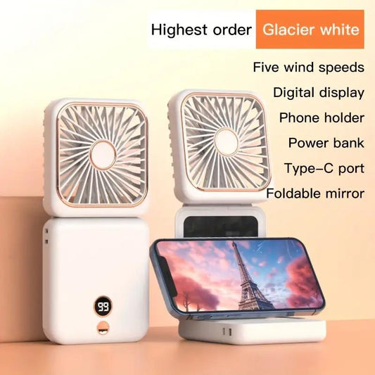 Makeup Mirror Neck Fan - 2500Mah USB Rechargeable Hands-Free Fan | Portable 5-Speed Cooling, Foldable Design, Doubles as Phone Stand & Power Bank - Perfect for Travel, Gym, Office 【Dealsforyoudays】