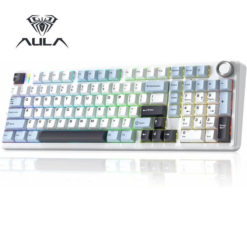 AULA F99 Pro Wireless Mechanical Keyboard with Knob,Tri-Mode Bt5.0/Usb-C/2.4Ghz Hot Swappable Keyboard,Pre-Lubed Switches,Gasket Structure,Rgb Backlit Computer Gaming Keyboard (White&Blue&Purple)