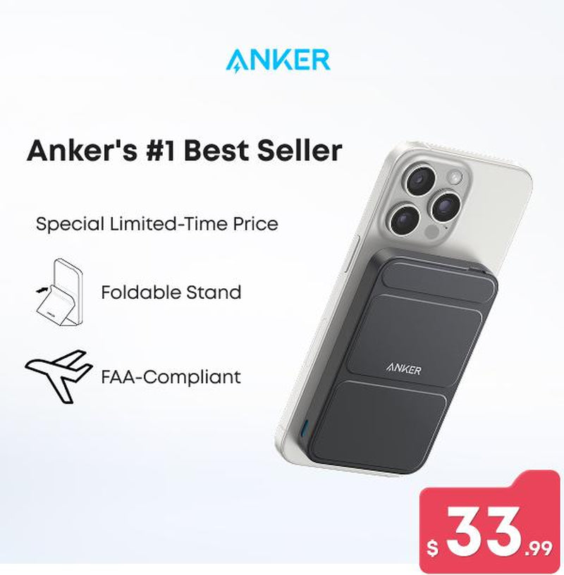 Anker Magnetic Power Bank, Built-In Foldable Stand, USB-C Port on the Side, 5,000Mah Capacity, Perfectly Compatible with Iphone 17/16/15/14/13 Series