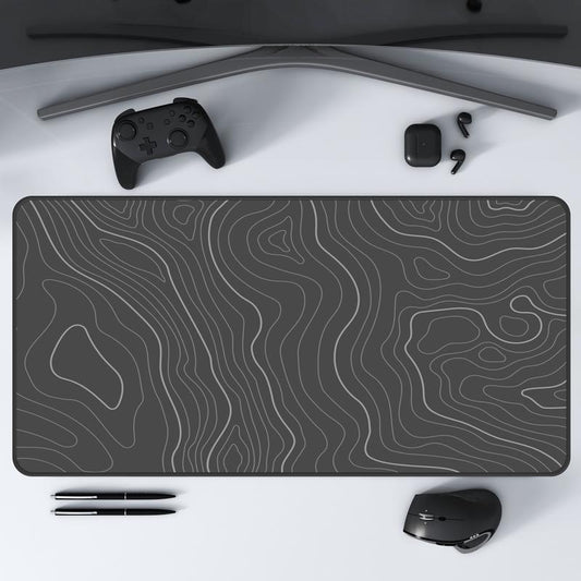 Topographic Map Gray Desk Mat, Large Abstract Desk Mat, Gray Contour Line Design, Modern Office Desk Accessory, Gaming Mouse Pad
