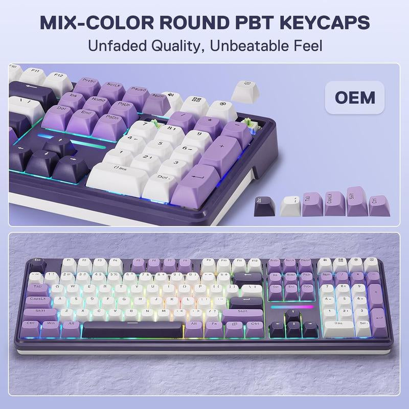 Redragon K745 PRO Wireless Gasket RGB Gaming Keyboard, 108 Keys Mechanical Keyboard W/Extra 4 Hotkeys, Hot-Swap South-Facing LED Socket, 5-Layer Noise Dampening, round PBT Keycaps, Mint Mambo Switch,Charming Purple