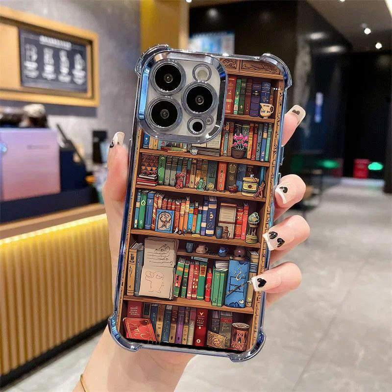 Cartoon Bookshelf Pattern TPU Phone Case for Iphone 16 15 14 Pro Max 13 12 11 plus Four-Corner Pad Anti-Drop Protective Case #YGSJDSJ3