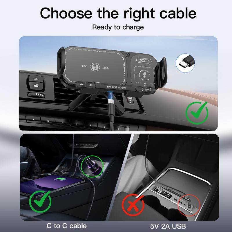 15W Wireless Fast-Charging Car Phone Mount for Foldable & Regular Smartphones, Super Stable Car Air Vent Phone Mount with Hook & Clip，One-Button 90° Rotation，One-Button Automatic Clamping，Compatible with Iphone, Samsung, Google and Other Smartphones