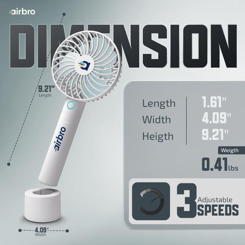 Airbro FHA-30 Handheld Portable Fan with 2600Mah Power Bank, 6-Blade Design, 3 Adjustable Speeds, and Charging Dock - Frosted White
