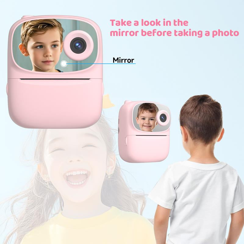 Kids Instant Print Camera (With 3 Rolls of Paper), 2.4" LCD Screen, Rechargeable 1080P Pocket Camera, 12MP Photos, Thermal Paper Printing (No Ink Needed), Birthday Gift for Boys & Girls, Portable Lens Camera, Mini Photography Kit, Tech Toy Pink