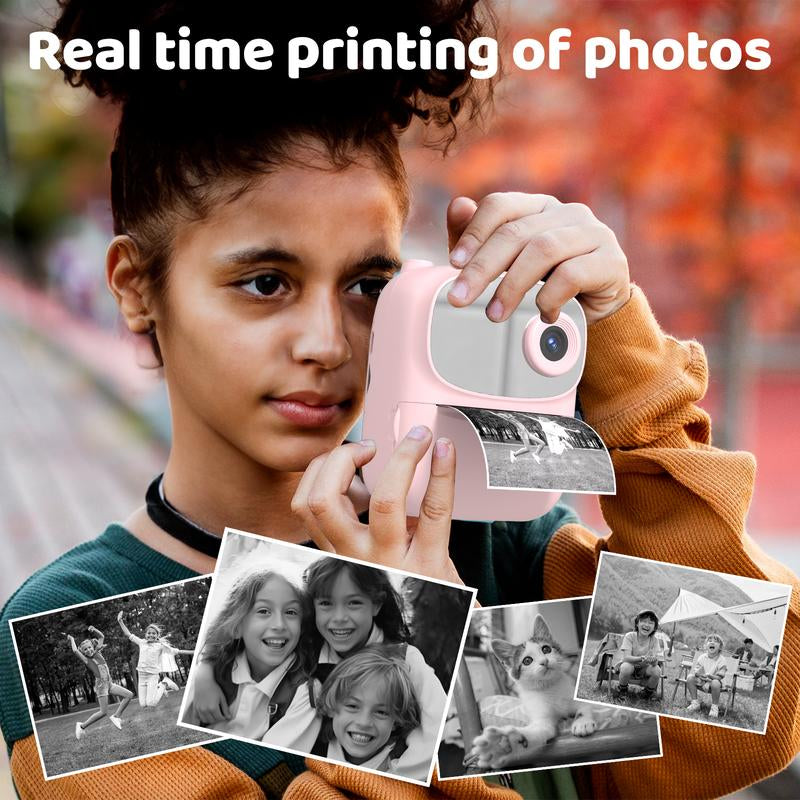 Kids Instant Print Camera (With 3 Rolls of Paper), 2.4" LCD Screen, Rechargeable 1080P Pocket Camera, 12MP Photos, Thermal Paper Printing (No Ink Needed), Birthday Gift for Boys & Girls, Portable Lens Camera, Mini Photography Kit, Tech Toy Pink