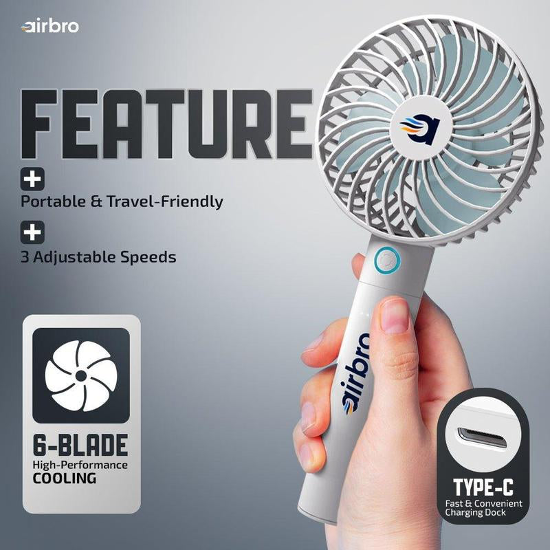 Airbro FHA-30 Handheld Portable Fan with 2600Mah Power Bank, 6-Blade Design, 3 Adjustable Speeds, and Charging Dock - Frosted White